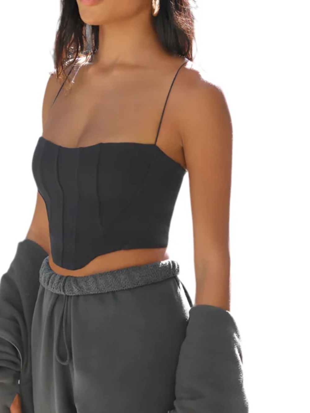 Joah Brown Black Corset Crop Top with Spaghetti Straps - Picture 2 of 6